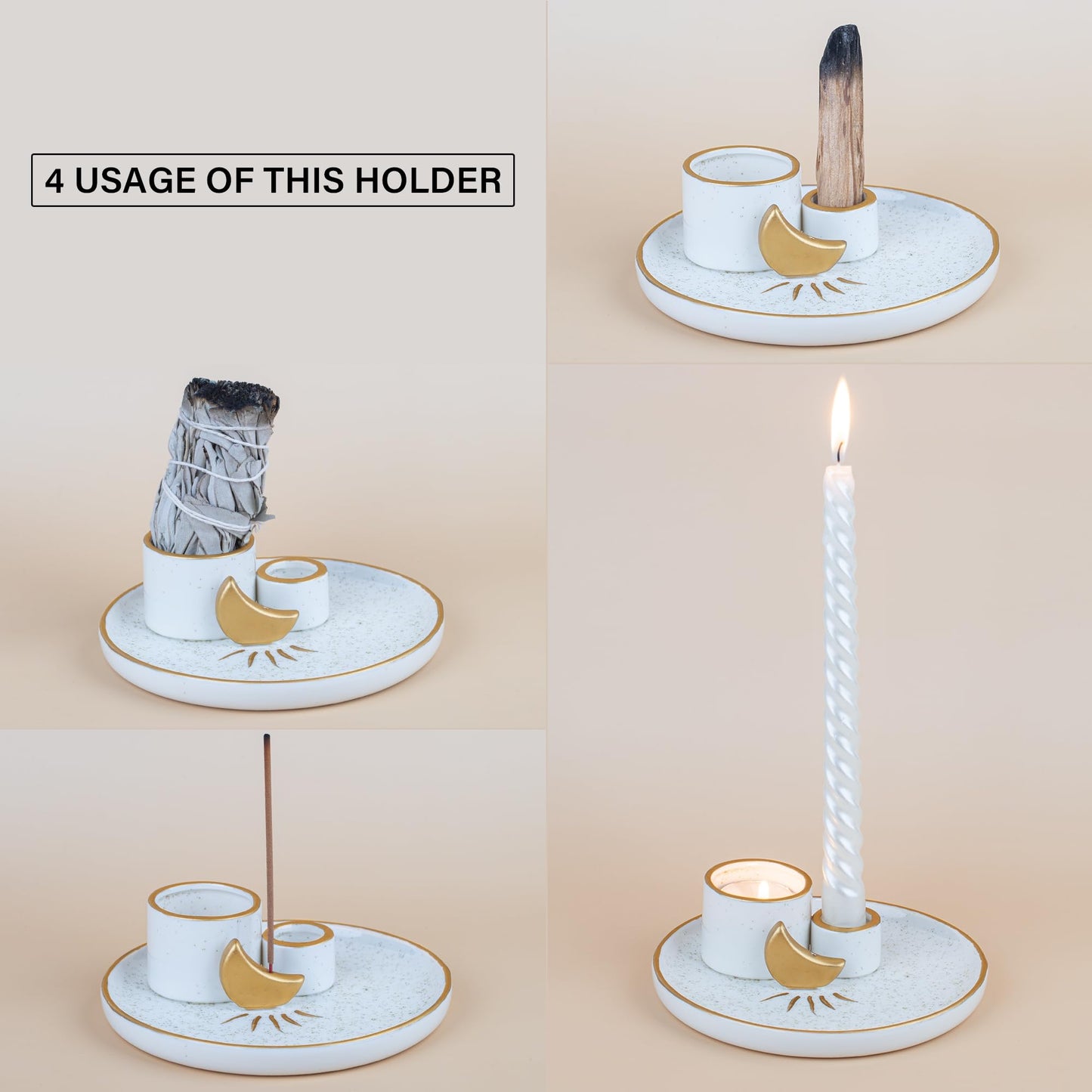 ZenBless Multifunction Incense and Candle Holder for Burning Sage, Palo Santo, Incense Sticks - 5.9" Ceramic Ash Catcher Tray for Meditation Room Home Decor Spritual Gifts (Gold)