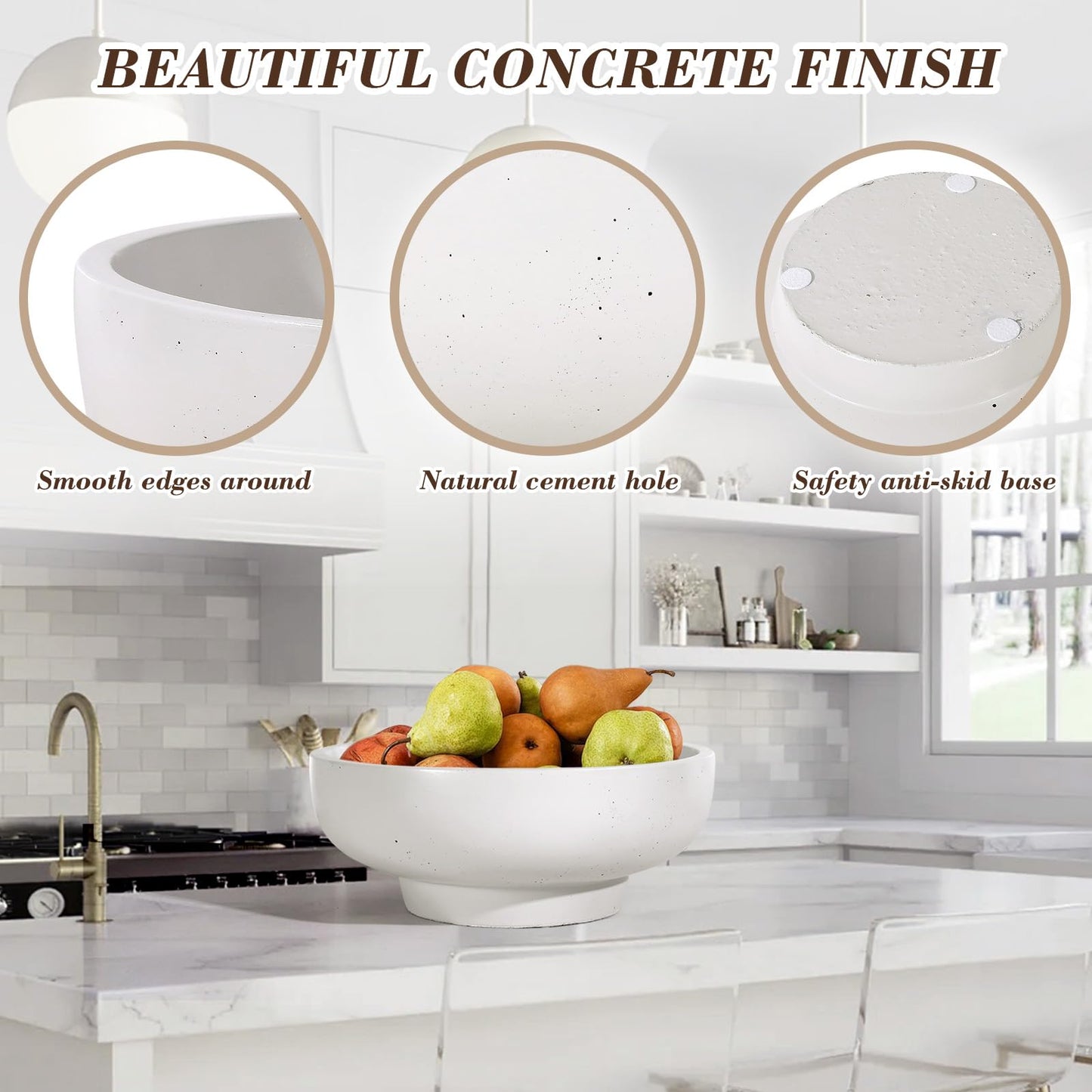 saiguomi Concrete Fruit Bowl for Kitchen & Entryway - 10.65" Large Modern Decorative Centerpiece Bowl with Non-Slip Pads, Handcrafted Solid Cement Bowl for Keys, Fruits, and Candy (LightGray)