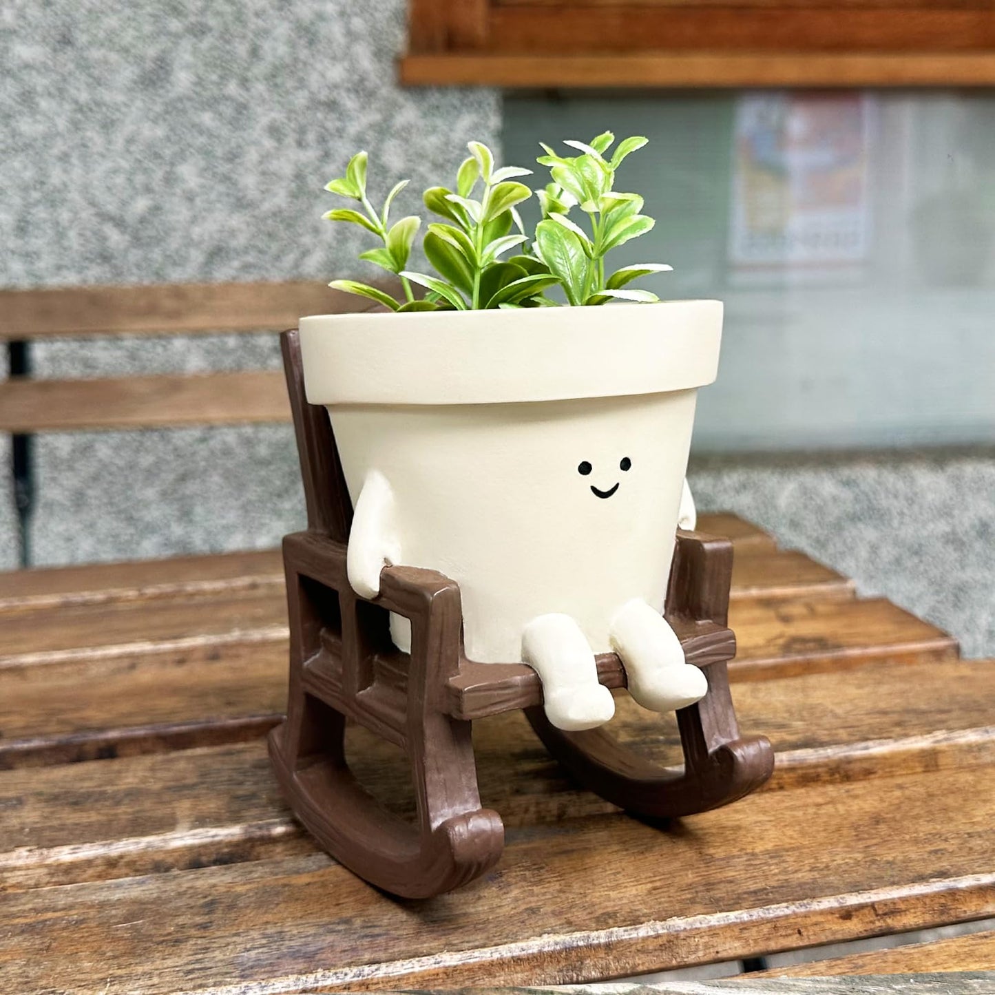 Smiley Face Planter Pot Small, Cute Resin Flower Head Planters for String of Pearls Plant Live Indoor Outdoor Unique Sit Rocking Chair Succulent Pots Gift Ideas for Family Friends with Drainage Hole