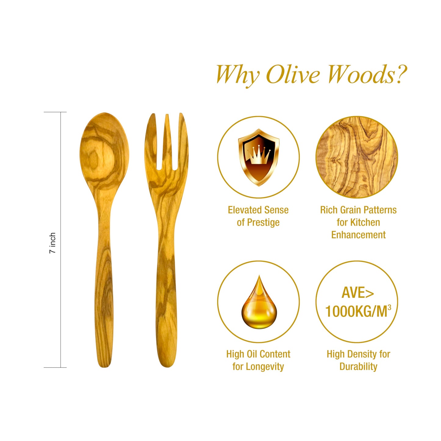 WONDERFUL 100% Natural Olive Wood Spoon Fork Set, 7 Inch Wooden Utensil Set for Eating, Reusable Handmade Wood Flatware, Safe & non-toxic Fork for Kids (Spoon & Fork)