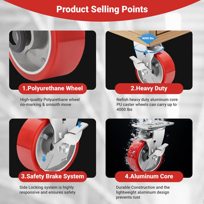 Nefish 5 Inch Industrial Grade Casters Wheels, Heavy Duty Aluminum Core PU Castor Set of 4, Durable Plate Swivel Casters with Brake 4000 LBS, Anti-Corrosion Wheels for Industrial, Equipment