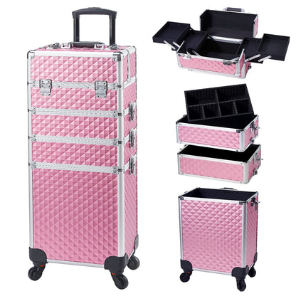 Joligrace Makeup Organiser 4-in-1 Beauty Case on Wheels Vanity Case Pink Trolley Nail Polish Organiser