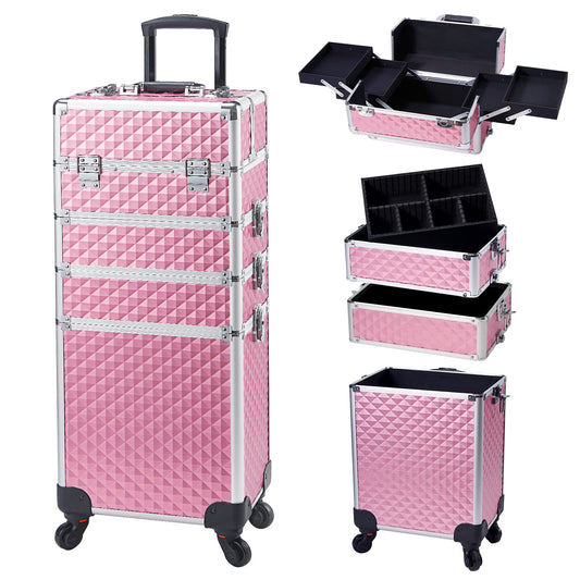 Joligrace Makeup Organiser 4-in-1 Beauty Case on Wheels Vanity Case Pink Trolley Nail Polish Organiser
