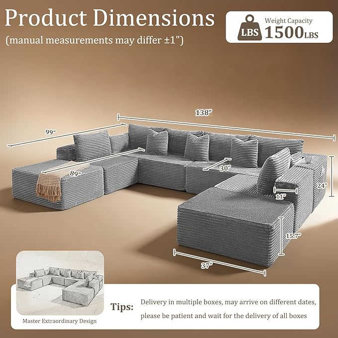 138" Cloud Sectional Couch, Comfort U Shaped Sofa