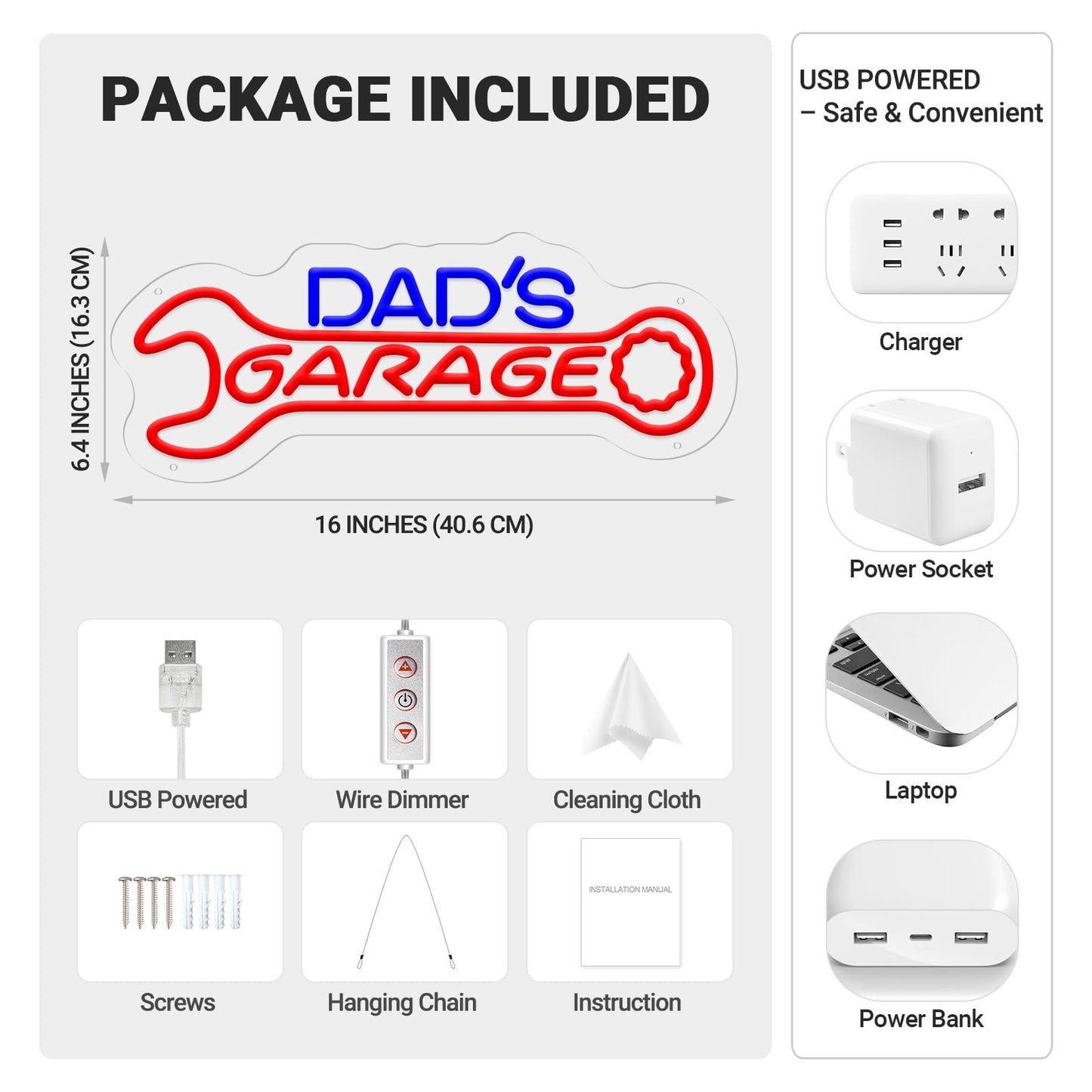 Dad’s Garage Neon Sign, LED Garages Wall Decor for Man Cave Workshop, Gifts for Husband Dad Father Men, Red Blue