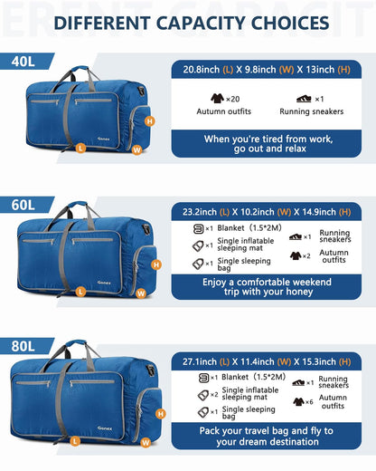 Gonex 40L Large Foldable Travel Duffle Bag with Shoes Compartment, Packable Lightweight Water Repellent Duffel Bag for Camping Gym Weekender Bag Deep Blue