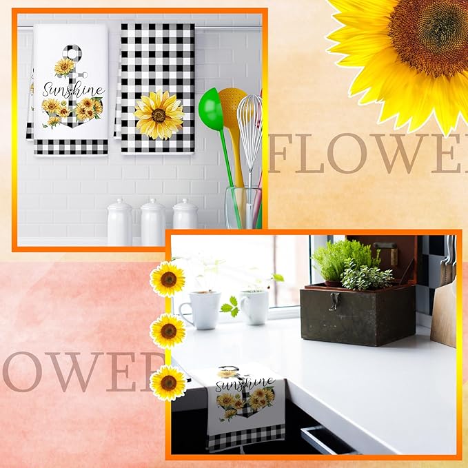 Bencailor 4 Pcs Sunflower Kitchen Towels Flower Hand Dish Towels Black and