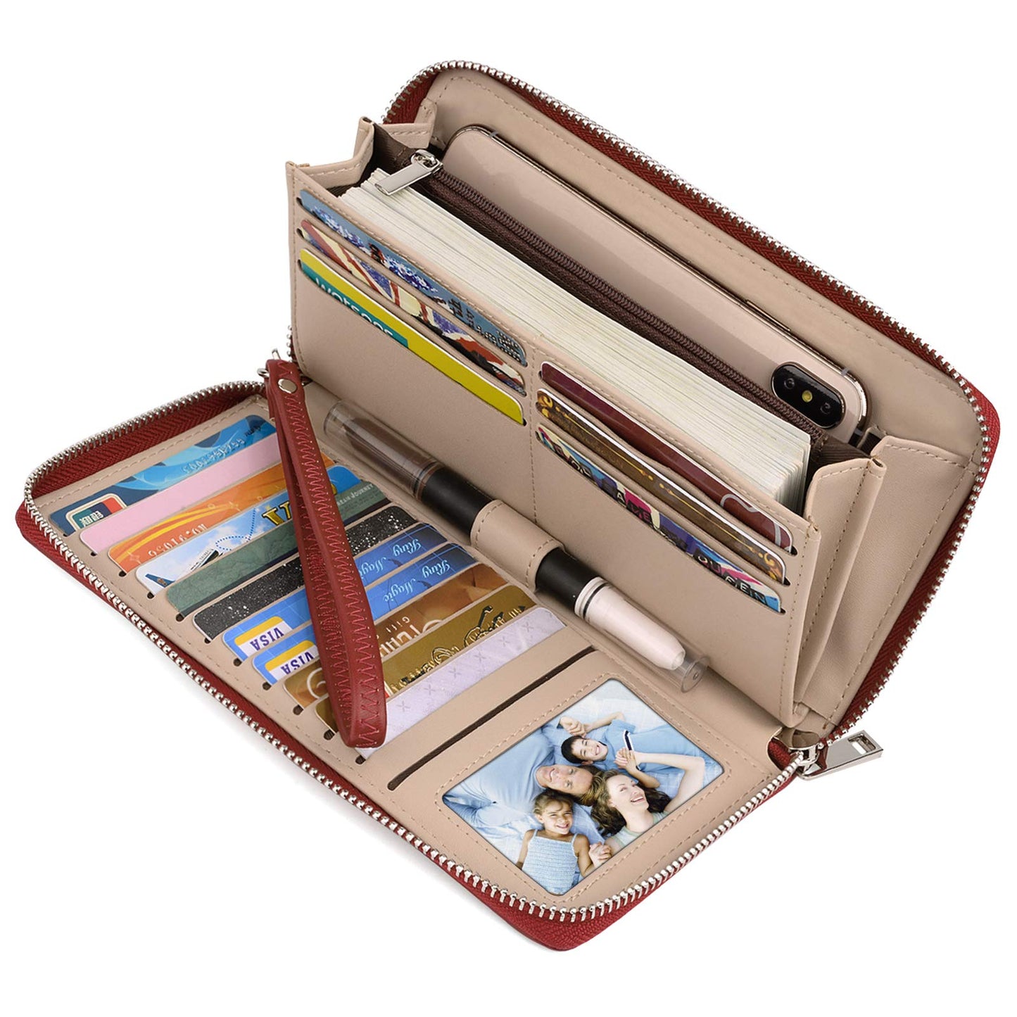UTO Purses for Women Mother Mum Zip Around Ladies Card Wallet Checkbook Passport Organizer Travel Clutch with Wristlet Synthetic Leather Red