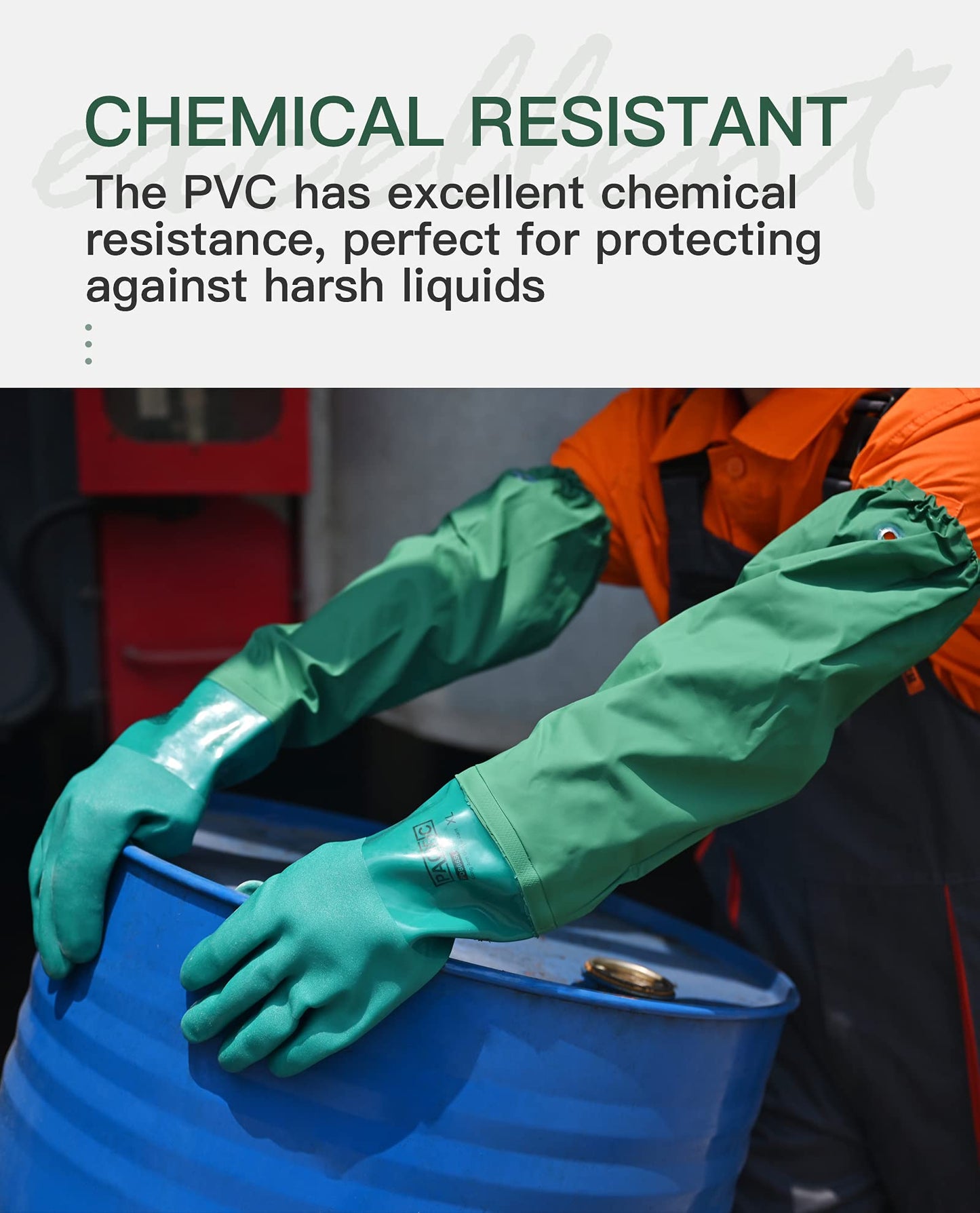 PACIFIC 26" Long Sleeve Gloves, Chemical Resistant Gloves. PVC Coating, Reusable, Heavy Duty Waterproof Gloves with Cotton Liner, Anti-skid, Acid-alkali and Oil, Large