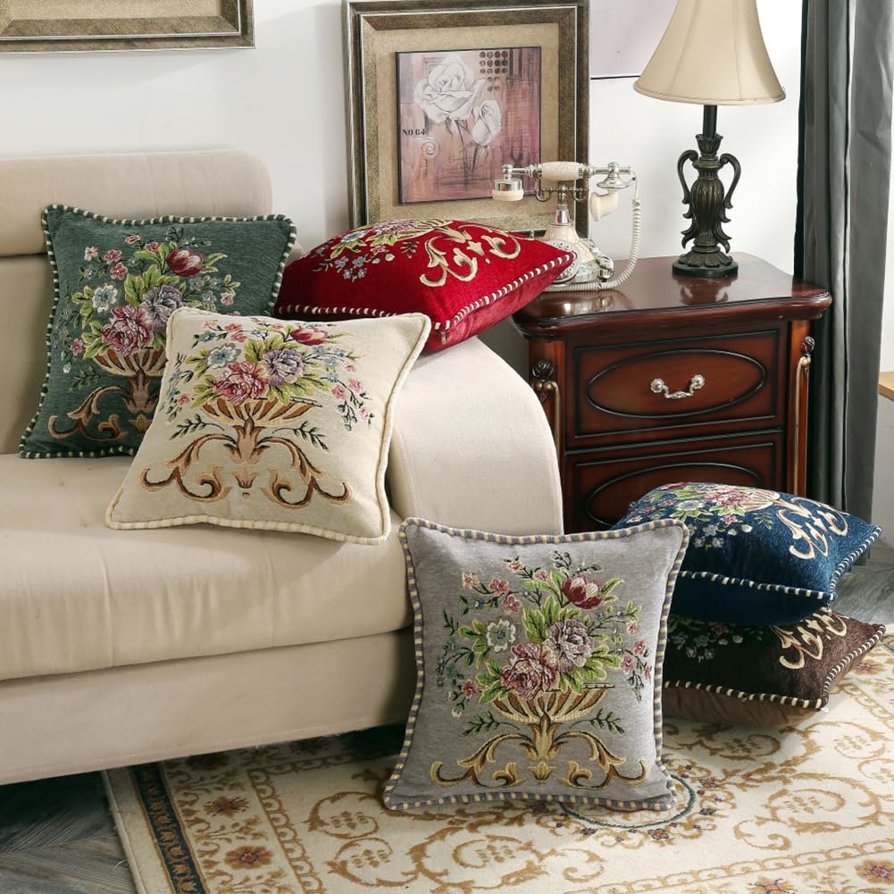 Qupace 2 Pcs Gray Chenille Vintage Embroidered Throw Pillow Covers 18x18in,Grey Tassel Vintage Pattern Pillow Covers, Floral Embroidered Cushions Covers for Sofa Couch Bed Chairs Car