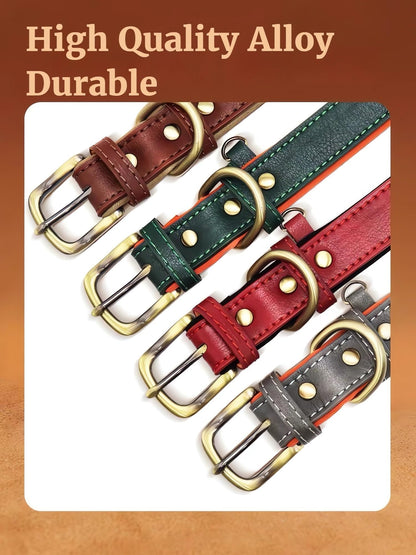 SEOUGEE Genuine Leather Dog Collar Personalised, Soft Padded Leather Dog Collars Heavy Duty with Custom Engraved Name Plate Adjustable for Small Medium Large Dogs (M, Brown 28-37cm)