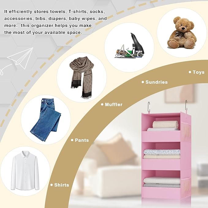 3-Shelf Hanging Closet Organizer and Storage, Foldable Hanging Closet Shelves