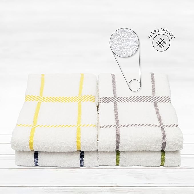100% Cotton Terry Dish Towels, 4 Pack Checks, 16 x26 Inches, Super Soft and