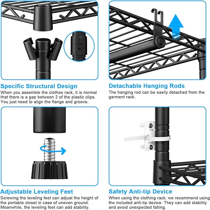 Ulif E10 Clothes Rack（With Stretchable Hanger Rod）Freestanding Clothing Racks