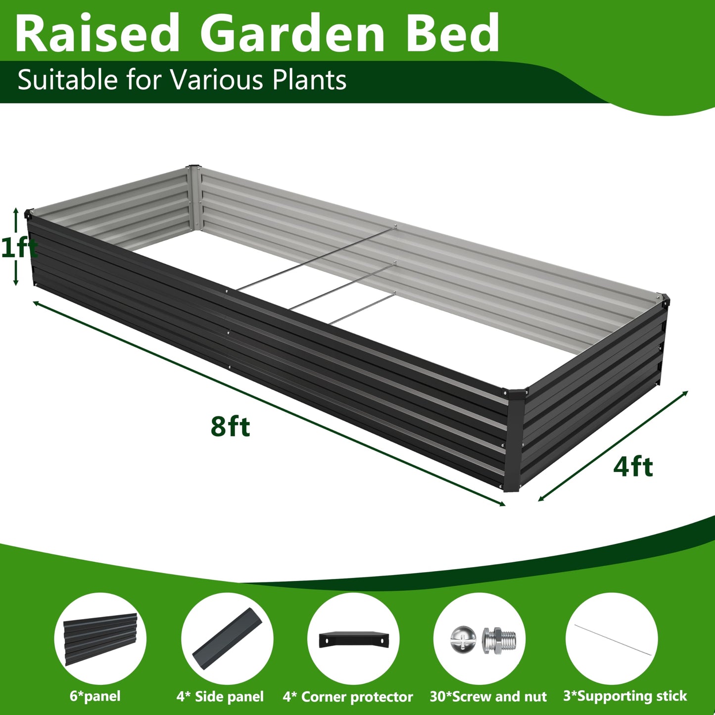 Easllre 2PCS 8x4x1ft Galvanized Raised Garden Bed Kit, Galvanized Planter Raised Garden Boxes Outdoor, Large Metal Raised Garden Beds for Vegetables,Black