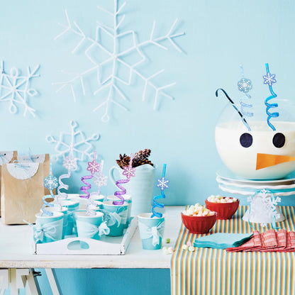 24Pcs Glitter Reusable Frozen Plastic Straws Drinking Straws, 4 Snowflake Shape & 4 Colors, Frozen Party Decoration Birthday Party Supplies