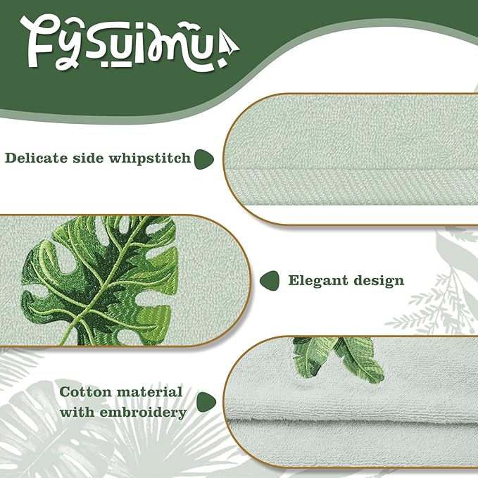 3Pcs Sage Green Gradient Hand Towels Tropical Palm Leaves Embroidered Cotton