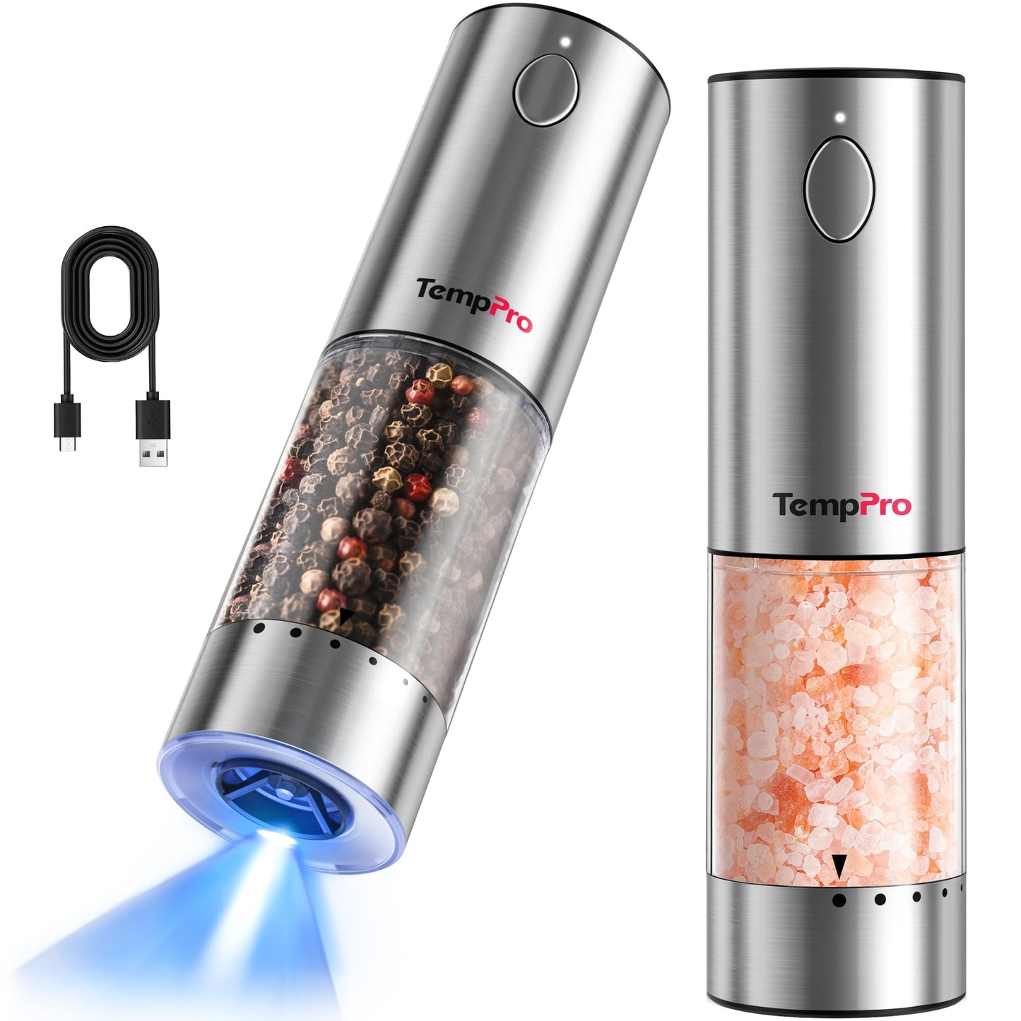 TempPro 100ml Electric Salt and Pepper Grinder Set Rechargeable, Automatic Pepper Grinder Shakers with External Adjust, Refillable Pepper Mill, Gift for Him Dad Father(Previously ThermoPro)
