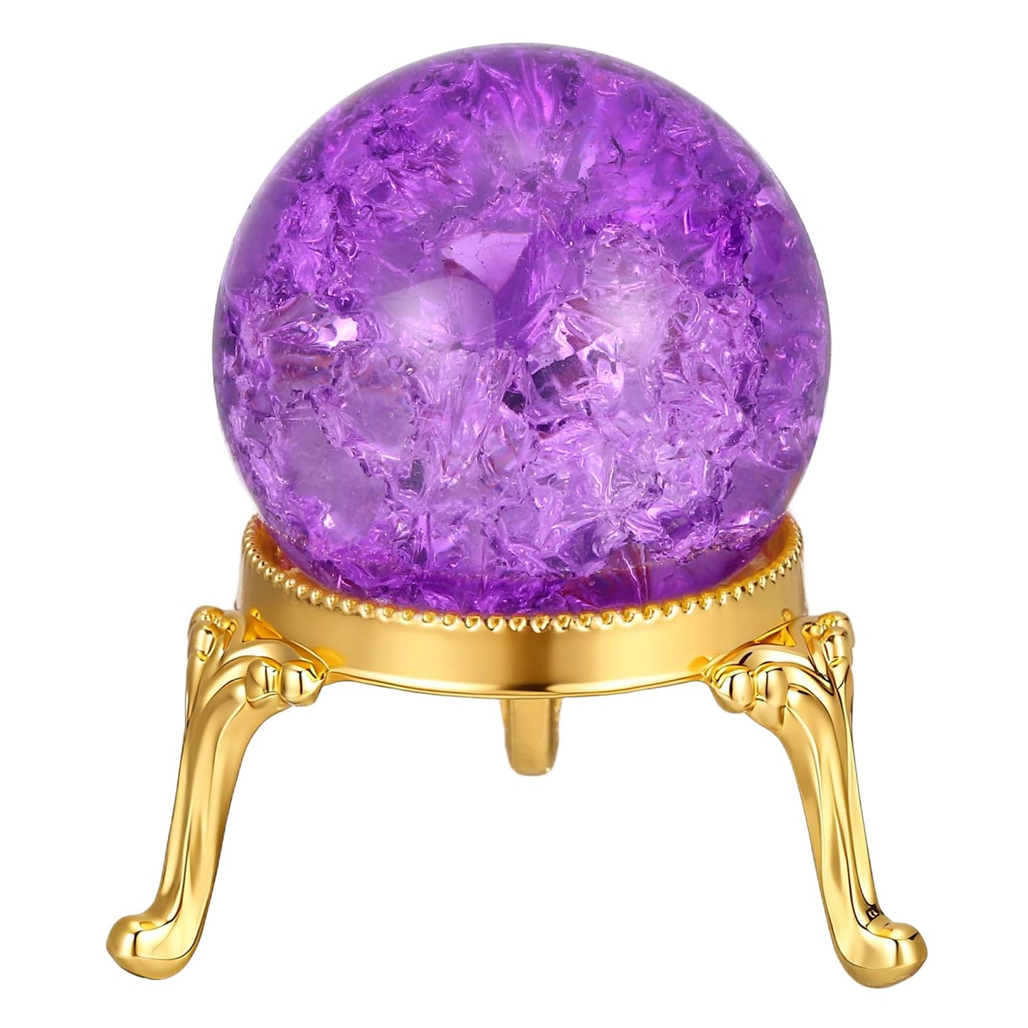 PATIKIL Crystal Ball 40mm, Ice Cracked Glass Ball with Metal Stand, Decorative Crystal Sphere Glass Paperweight for Home Office Table Decor, Purple/Gold