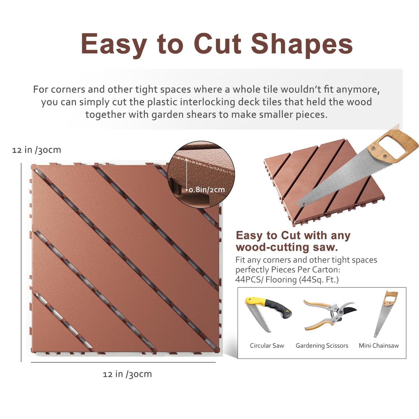EchoDeck Interlocking Deck Tiles,44 Pack Deck Tiles Interlocking Outdoor All Weather,Patio Deck Tiles,12"x12",Diagonal,Sturdy Base,Highly Durable,Stylish,Non-Slip,Faster-Drying,Efficient,Brown