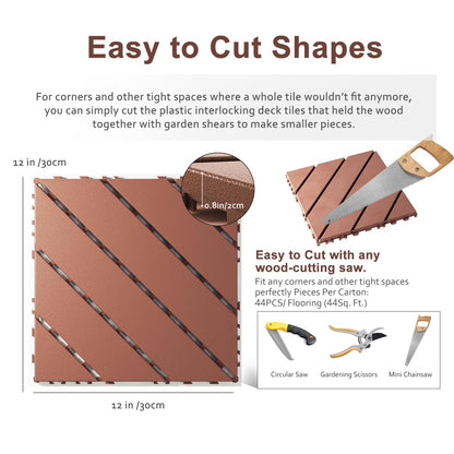 EchoDeck Interlocking Deck Tiles,44 Pack Deck Tiles Interlocking Outdoor All Weather,Patio Deck Tiles,12"x12",Diagonal,Sturdy Base,Highly Durable,Stylish,Non-Slip,Faster-Drying,Efficient,Brown