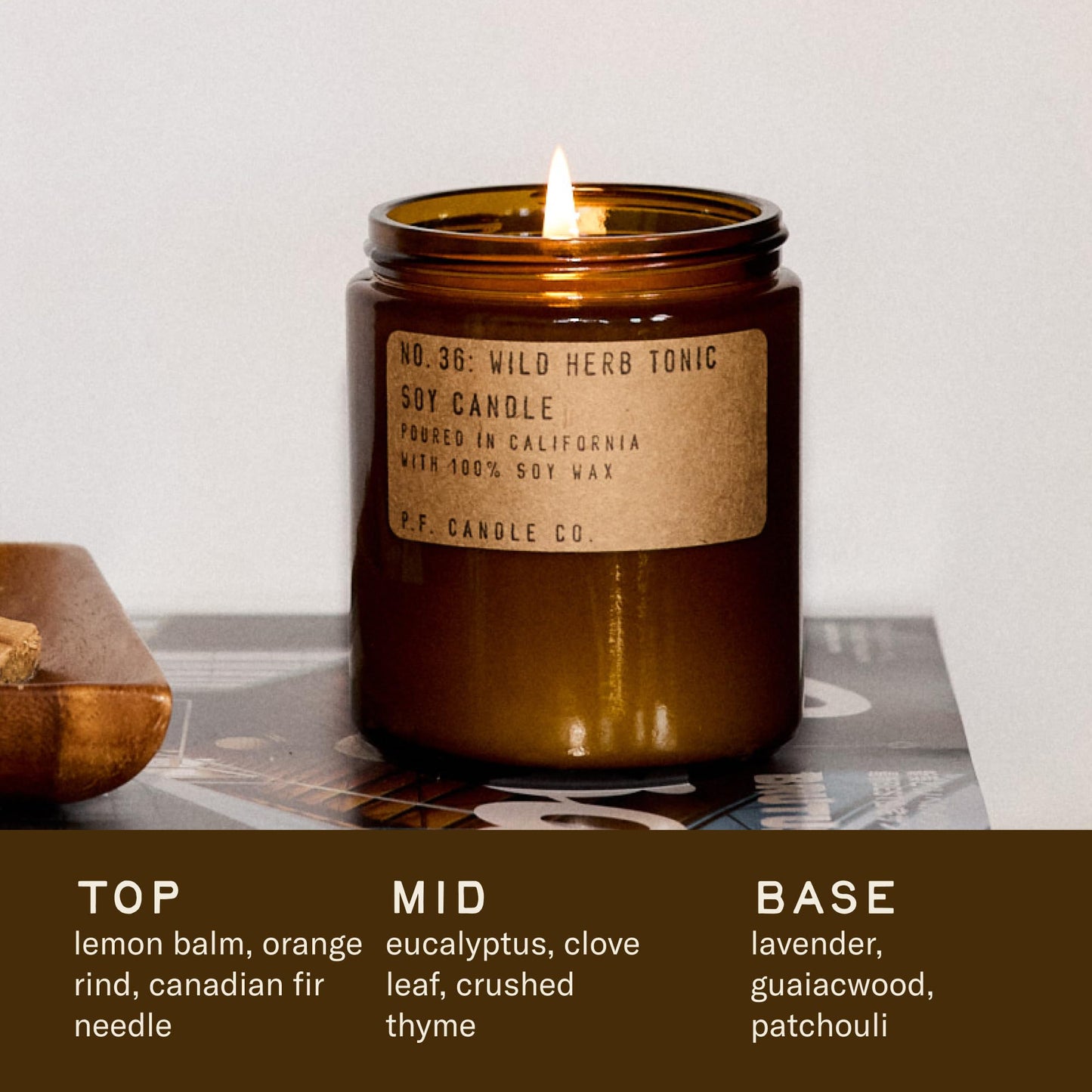 P.F. Candle Co. Wild Herb Tonic Classic Standard Scented Soy Wax Candle (7.2 oz) 40-50 Hour Burn Time, Amber Glass Jar, Made in The U.S.A.