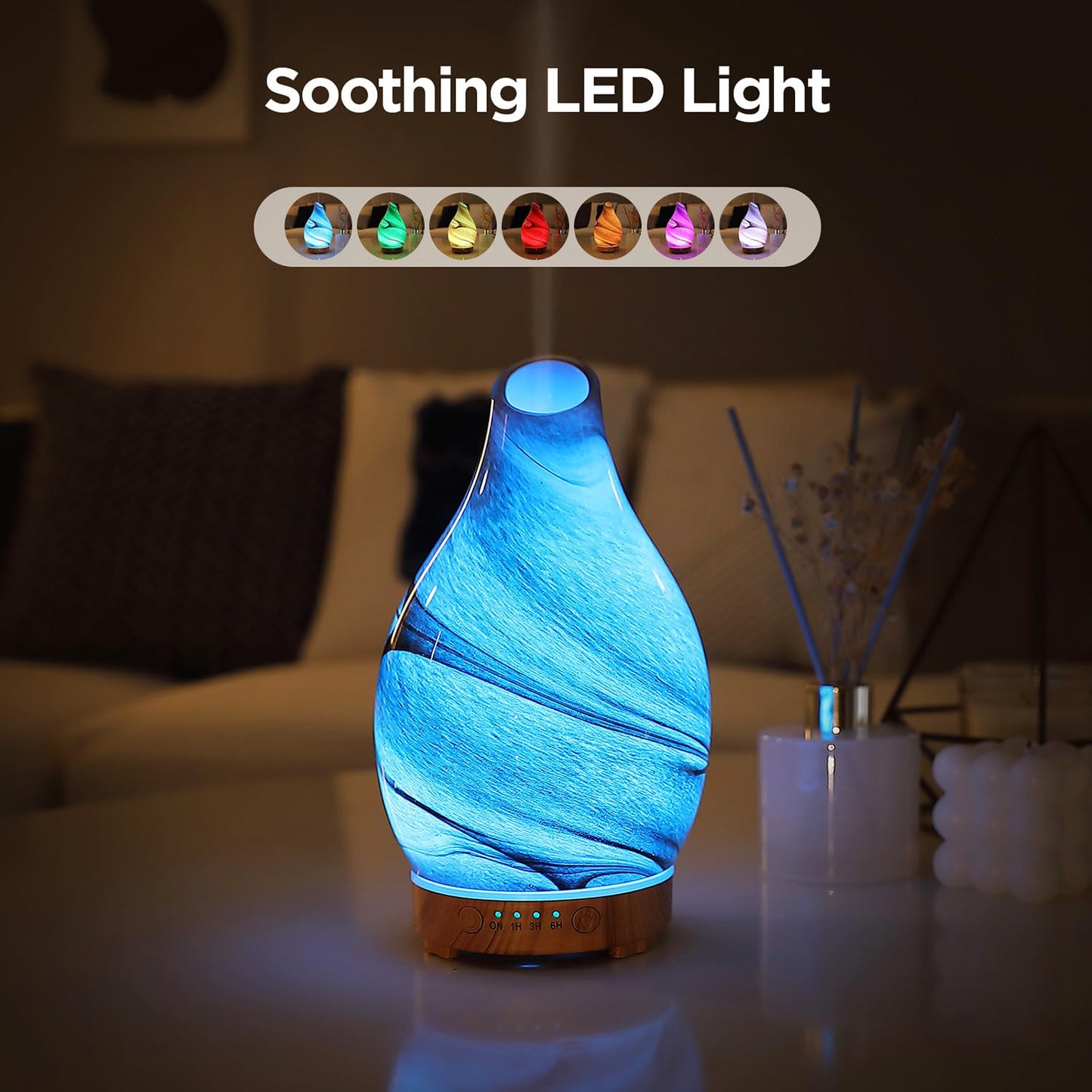 Essential Oil Diffuser Hand Blown Glass Aromatherapy Diffuser - Ultrasonic Cool Mist Scent Aroma Diffuser, Whisper Quiet with Auto Shut-Off, Timer Setting &7 Colors Night Light for Home