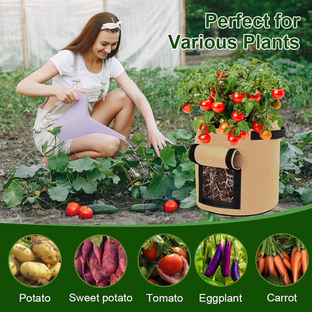 kuchisity 9 Pack 15 Gallon Potato Growing Bags, Colorful Garden Planting Bag with Handle and Harvest Window, Nonwoven Aeration Fabric Growing Bags with Flap for Tomatoes, Vegetables, and Fruits