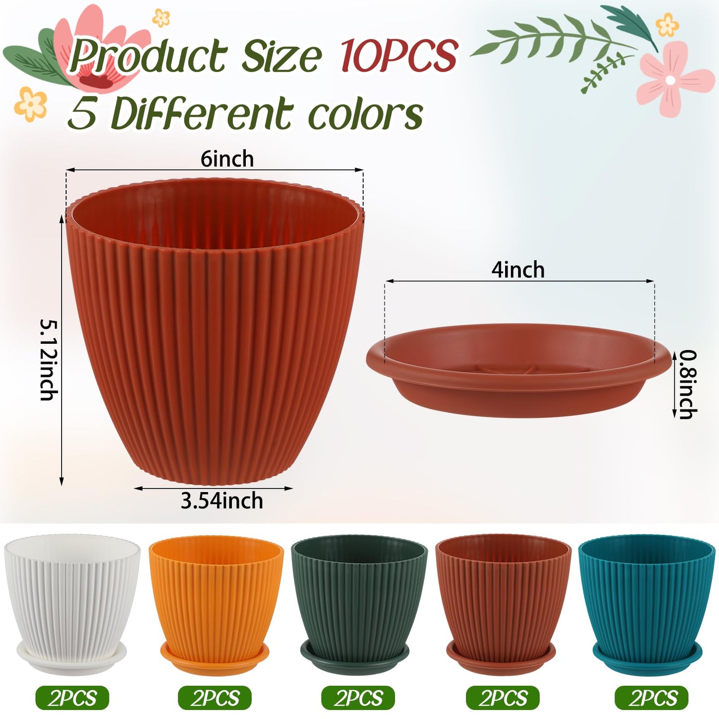 Suclain 10 Pack 6 Inch Plant Pots with Drainage Hole and Tray Saucer Plastic Flower Pots for Indoor Plants for Your Room, Office, Garden Decor(Vertical Stripe)