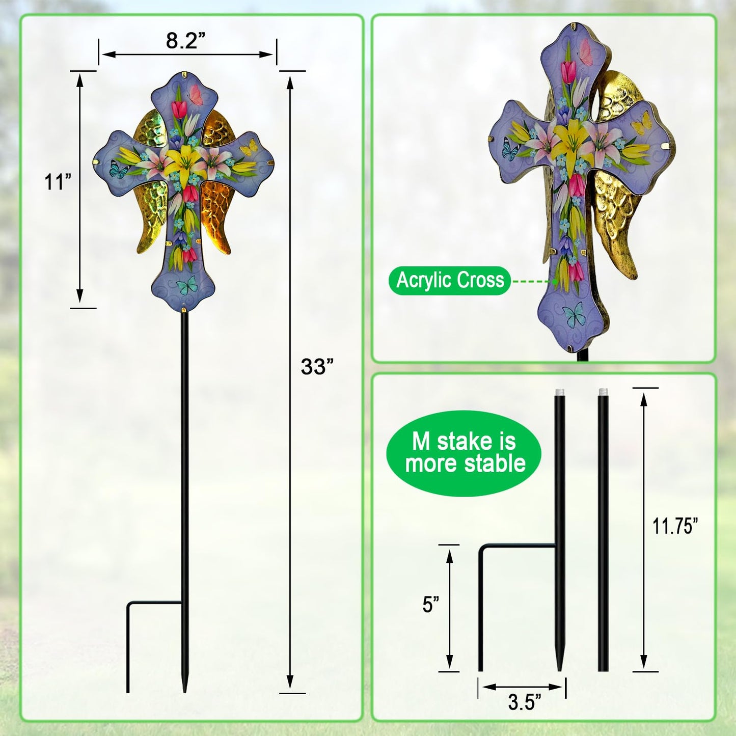 Solar Cross Garden Stakes for Graves,Lily Cemetery Decorations Yard Patio Decor,Golden Angel Wings Cross Lights Outdoor,Remembrance Gifts