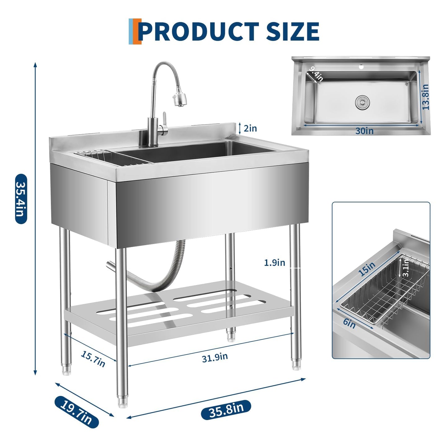 Garvee 36" Stainless Steel Utility Sink Workstation with Faucet, Adjustable Height Freestanding Sink with Storage Drawer, Knife Rack, Hooks & Drain Kit for Kitchen, Laundry, Garage, or Outdoor Use