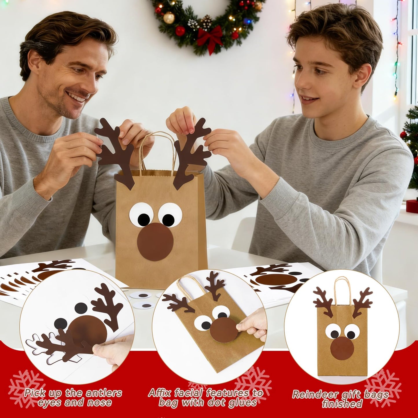 FOGWOWO 36 Pcs Reindeer Gift Bags DIY Reindeer Bags,Christmas Goodie Bags Kraft Paper Reindeer Treat Bags Party,Xmas Candy Bags Bulk with Handles Wrapping Supplies