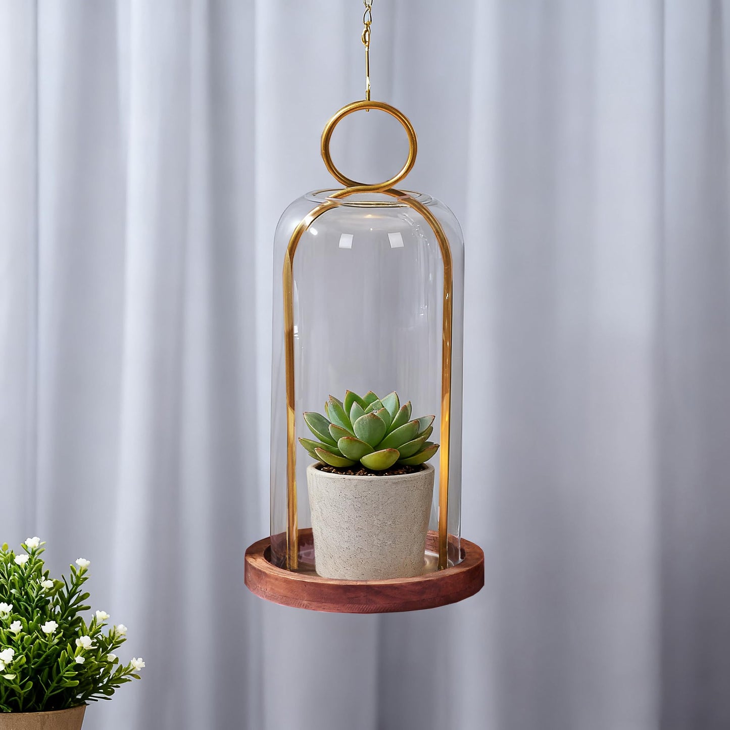 12" High Versatile Vintage Brass Metal Candle Holder with Handmade Sturdy Glass Dome and Natural Wooden Base for Pillar Candle & Plants, Industrial, Farmhouse, Shabby Chic, Display Cloche Bell Jars