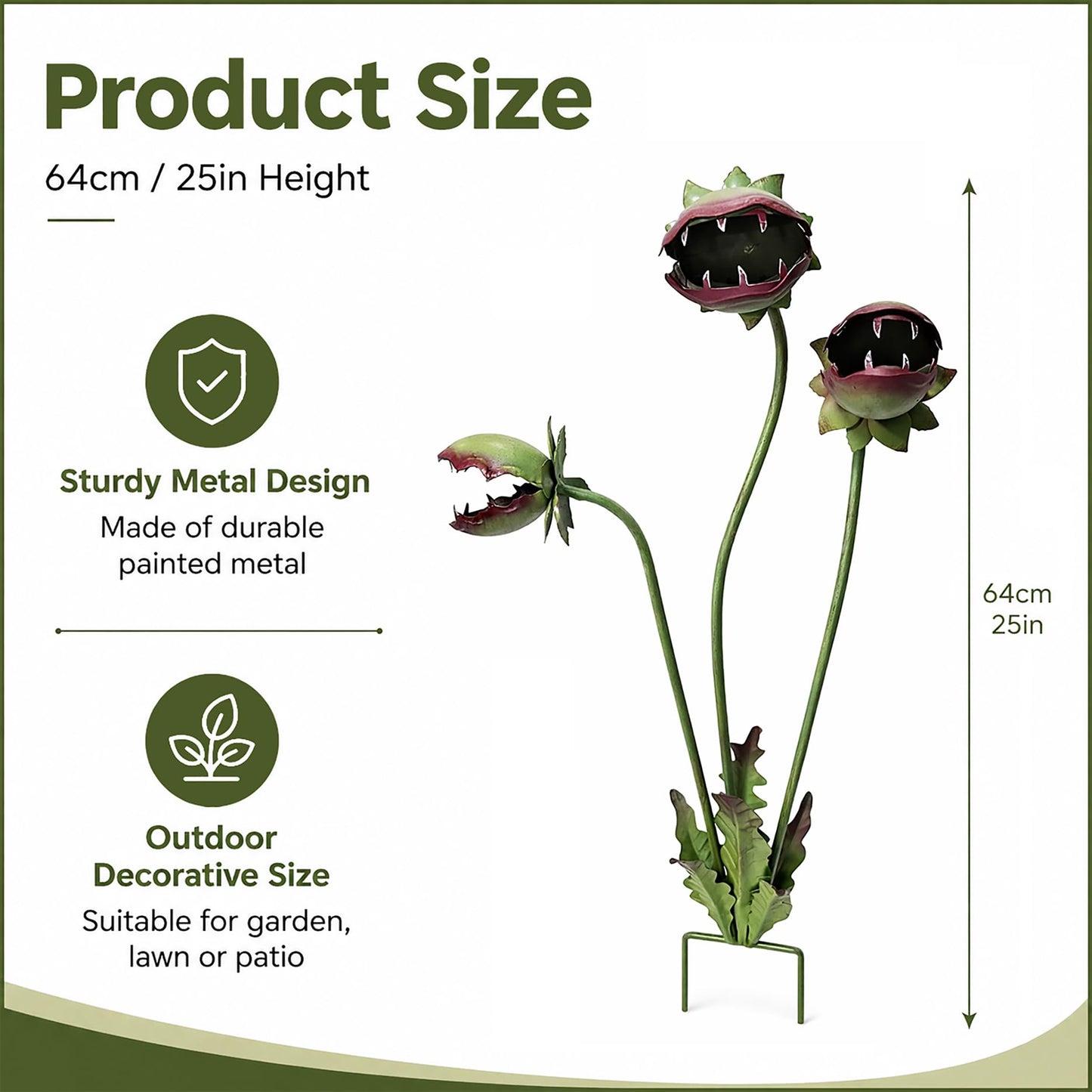 LISINUO Funny Metal Carnivorous Plant Garden Stake, 25" Large Venus Flytrap Sculpture, Whimsical Outdoor Yard Art for Lawn Patio Planters, Unique Weather-Resistant Garden Decor Gift (64cm（25in）)