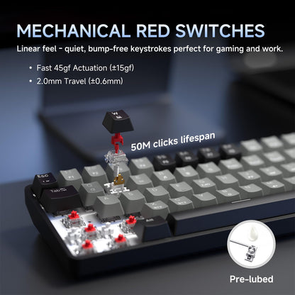 Dierya DK68 Wireless Gaming Keyboard, Triple Mode-Bluetooth/2.4GHz/USB-C Mechanical Keyboard, RGB Backlit, Linear Red Switch for Gaming & Office, Black Grey