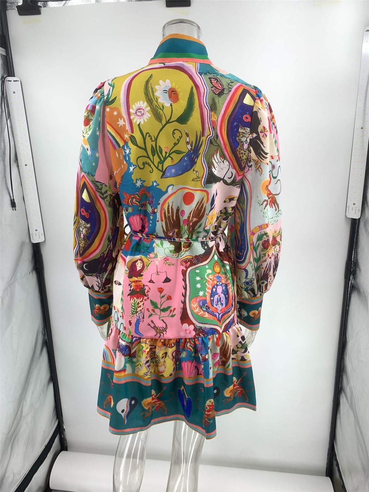 Qikaka Women's Long Puff Sleeve Turtleneck Printed Button Bodycon Sexy Nightclub Party Blouse Dress Medium