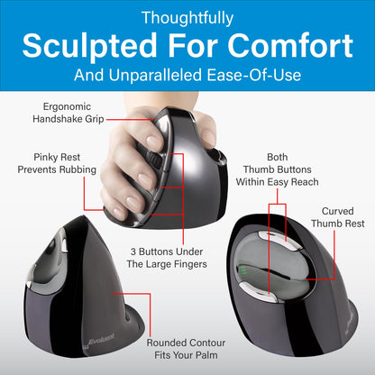 Evoluent – Inventor of The Vertical Mouse – VMDMW Ergonomic Vertical Mouse Right Hand Med USB Wireless, Sculpted for Comfort, Reduces Wrist Strain, 4 Speeds, 6 Customizable Buttons in Windows