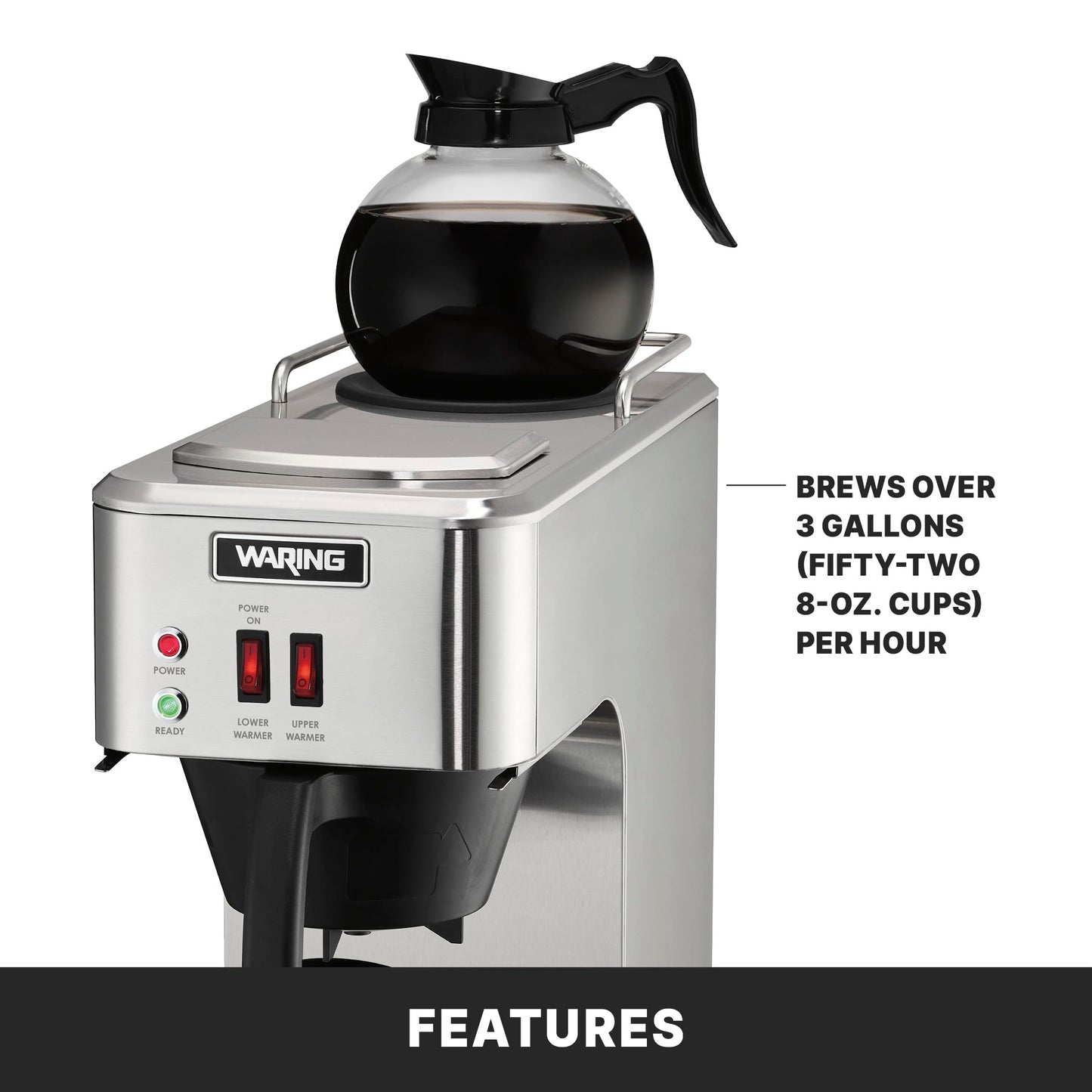Waring Commercial Café Deco Pour Over Coffee Brewer, 3 Gallons per Hour, 2 Individual Warmers, Fits Large 64 oz Decanters, Stainless Steel, No Plumbing, NSF Certified, WCM50