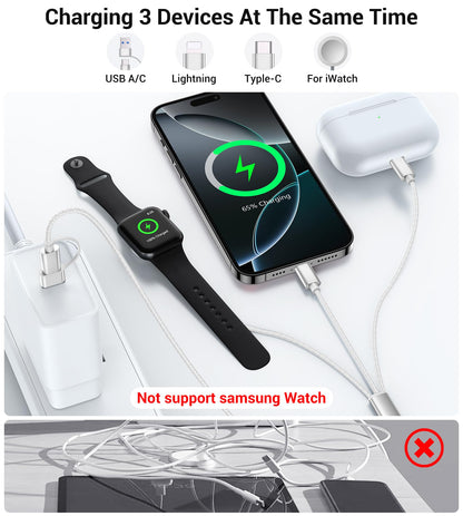Temdan for Travel Vacation Essentials,3 in 2 USB C Cable for Apple Watch Charger/iPhone 17 Charger/Lightning,Multi Charging Cable Cord,Camping Essentials,Designed for iWatch &iPhone 16-12-5FT Purple