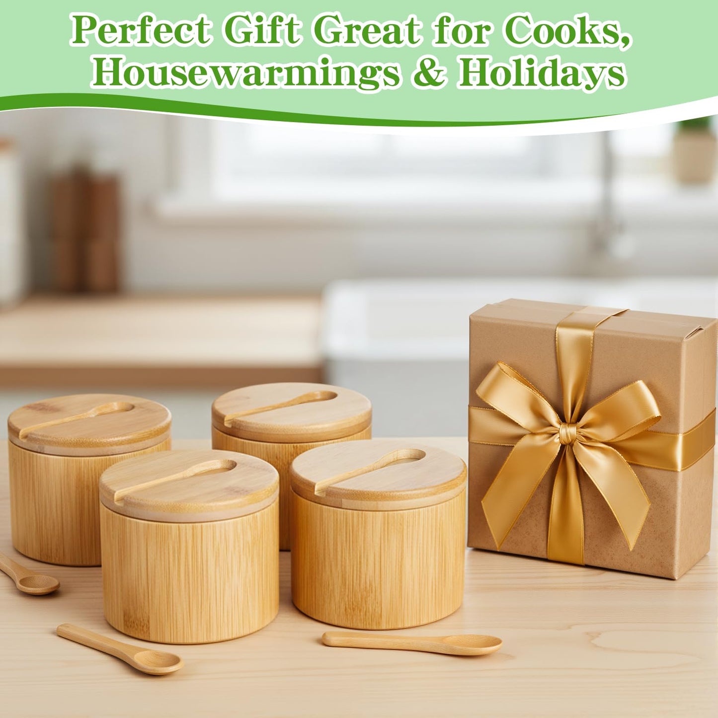 KongTiva 4 Pcs Bamboo Salt Cellar with Built-in Spoon and Magnetic Swivel Lid, Bamboo Salt and Pepper Containers, Seasoning Storage Holder Box for Salt, Pepper, Sugar, Spice, 6 oz