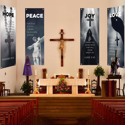 4Pcs Easter Church Banners for Sanctuary Wall Love Hope Joy Peace Religious Banners Hanging Backdrop Jesus Faith Cross Church Banner with Scripture Bible Verse Banner for Easter School Decor