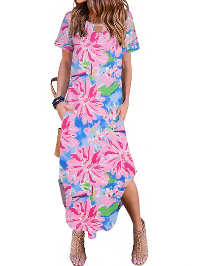 Zeagoo Womens Maxi Summer Dress with Pockets Casual Short Sleeve Sundress Trendy 2025 Curve Hem Long Dresss