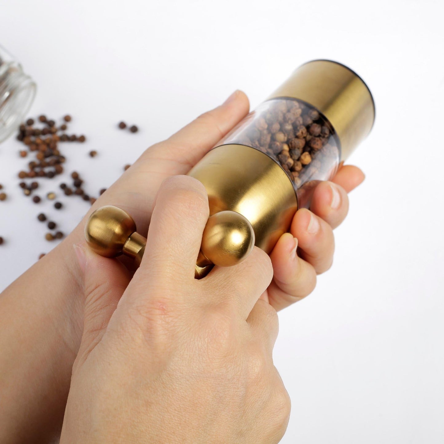 (Gold,2PCS) Salt, Pepper Modern Manual Grinder Set with Solid Handle - Stainless Steel Juego de Molinillo Dorado/Antique Faucet Shakers | Refillable Adjustable Coarseness Mill for BBQ Restaurant, Home