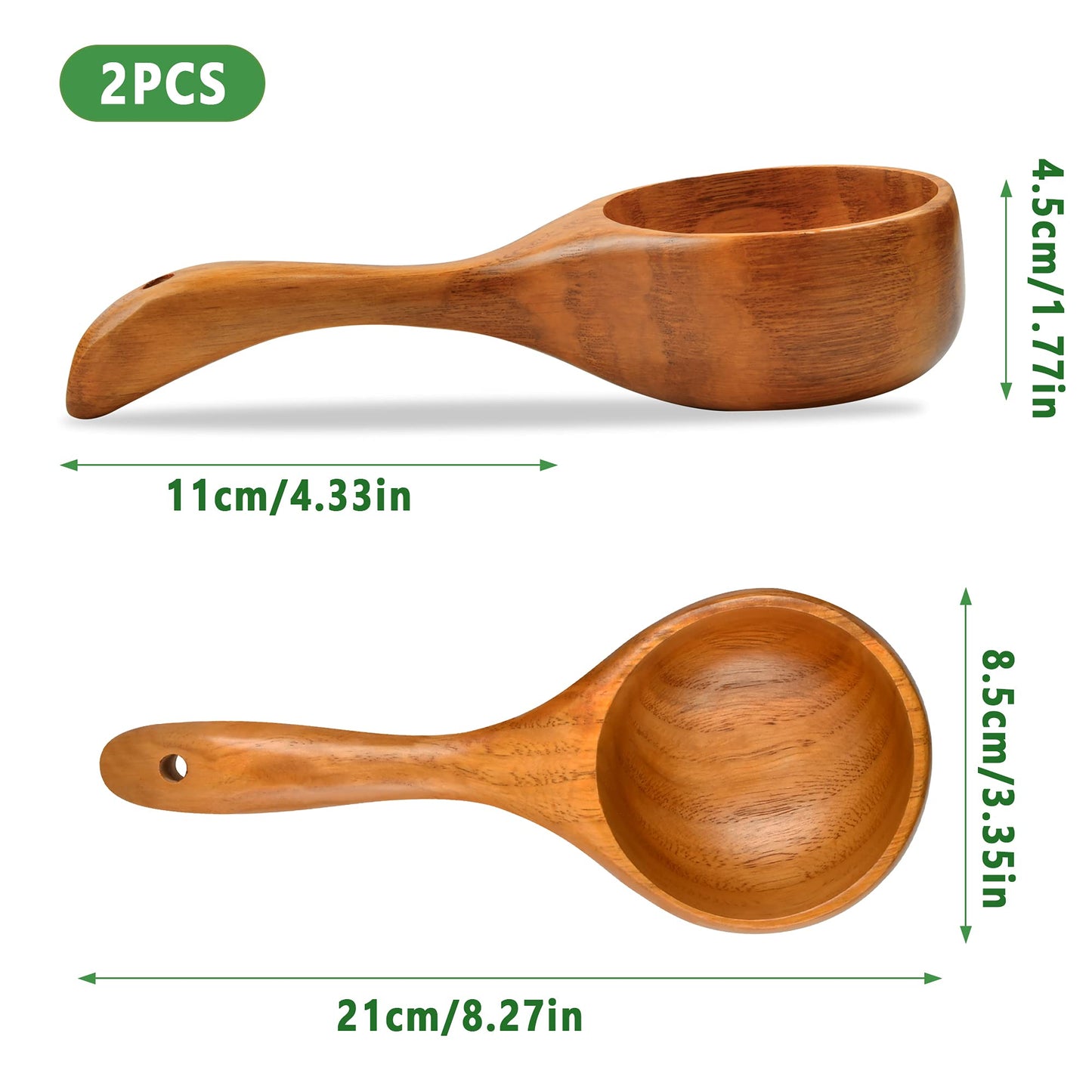 Aemygo 2 Pack Wooden Scoop Ladle for Kitchen, 8.5 Inch Large Solid Wood Kitchen Rice Scoop Multipurpose Bath Salt Scoop for Serving Flour, Beans, Water, Canister