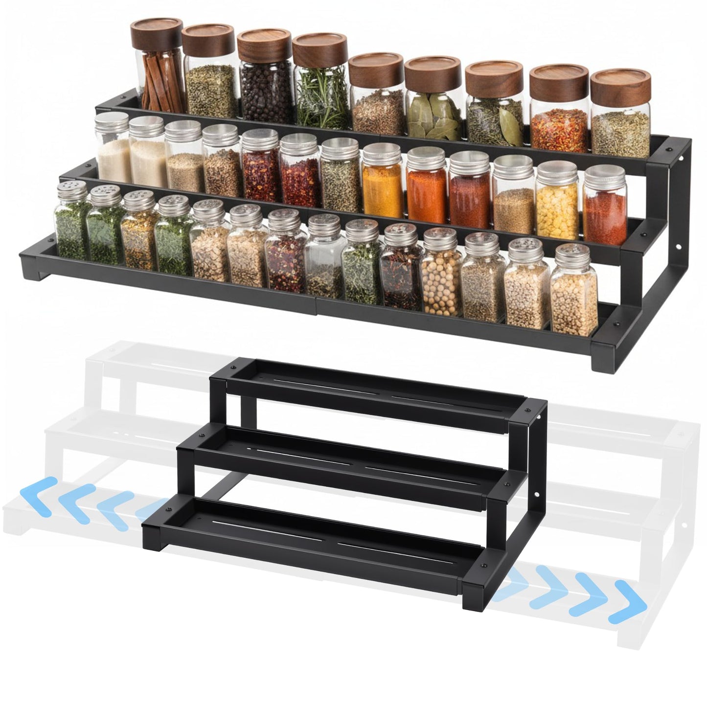 3-Tier Spice Rack Organizer for Kitchen Cabinet or Pantry, 16"-29" Expandable Spice Organization Shelf, Seasoning Organizer, Metal Display Shelf, Slip-Resistant Design for Jars and Bottles, Black