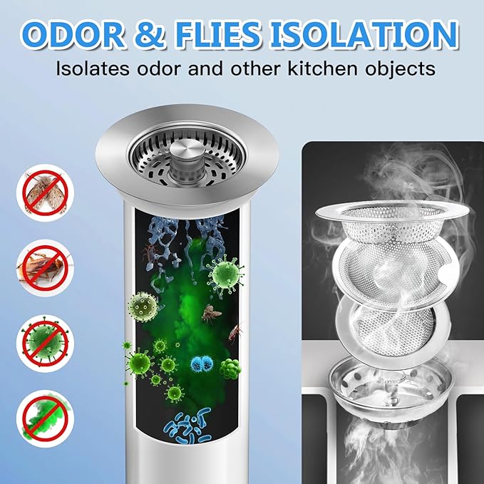 3-in-1 Stainless Steel Kitchen Sink Drain Strainer, JOMST Kitchen Gadget – Fast