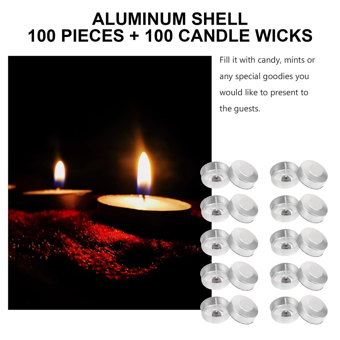 DOITOOL 100 Pcs Aluminum Tea Lights Cups, Round Empty Case Candle Wax Containers Candleholder, Metal Tea Light Tins with 100 Pcs Candle Wicks for Christmas Wedding Holiday Table Decoration