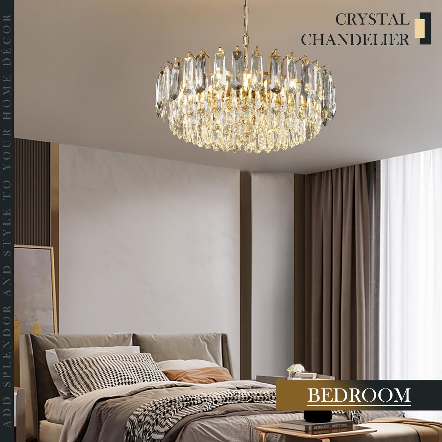 XIAOQIWU 23.6" Modern Crystal Chandelier with Grey Crystal Gold 3-Tier Luxury Pendant Light 12-Light Ceiling Pendant Lighting for Dinning Room Living Room Foyer