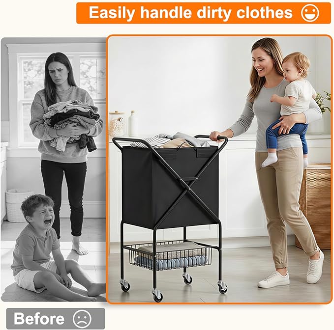 Laundry Basket with Wheels:88L Rolling Laundry Cart Foldable Metal Frame Dirty