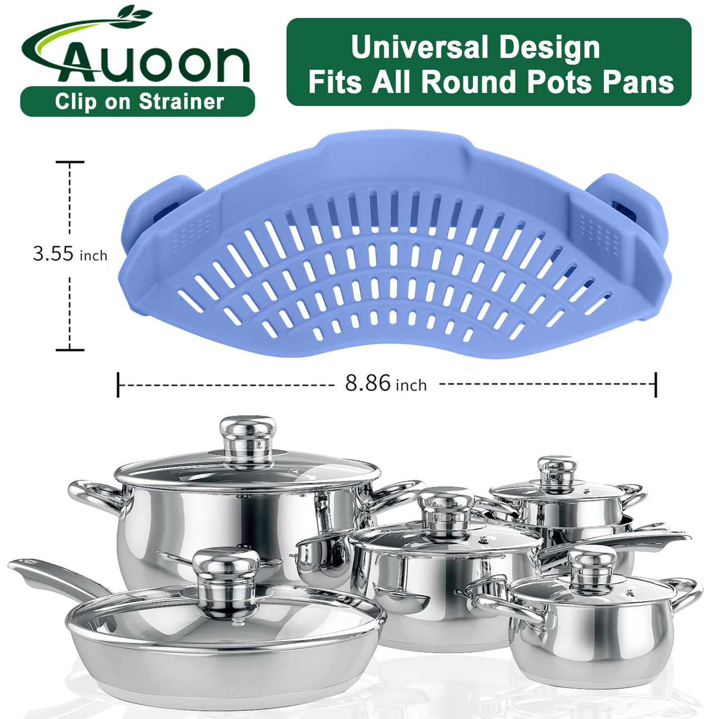 AUOON Clip On Strainer Silicone for All Pots and Pans, Pasta Strainer Clip on Food Strainer for Meat Vegetables Fruit Silicone Kitchen Colander